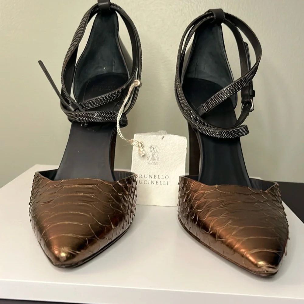 Brunello Cucinelli Bronze Python Heels - Picture 2 of 14